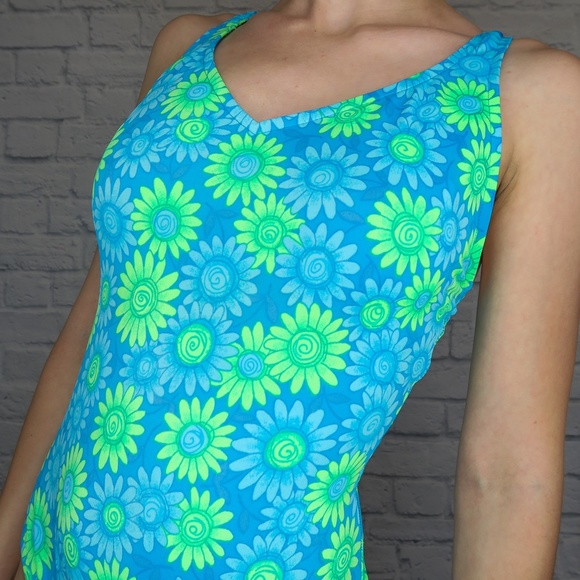 Vintage 80s Sunrays Neon Daisy Floral One Piece Swimsuit - Picture 3 of 5
